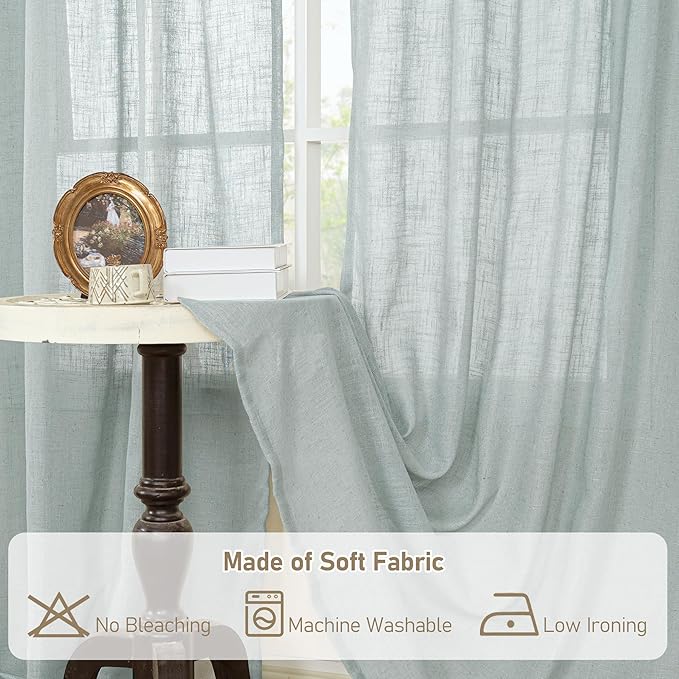 LAMIT Short Linen Curtains 36 Inch Length for Half Window, Semi Sheer Light Filtering Panels Bronze Grommet Drapes for Basement/Kitchen, Greyish Blue, 2 Panels, 34 x 36 Inch