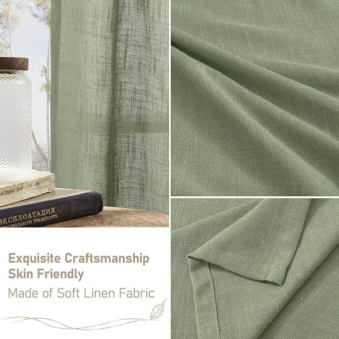 LAMIT Linen Curtians for Living Room 80 Inch Length, Bronze Grommet Light Filtering Semi Sheer Neutral Lightweight Rustic Farmhouse Boho Drapes for Bedroom, 2 Panels, Sage Green, 34 x 80 Inch
