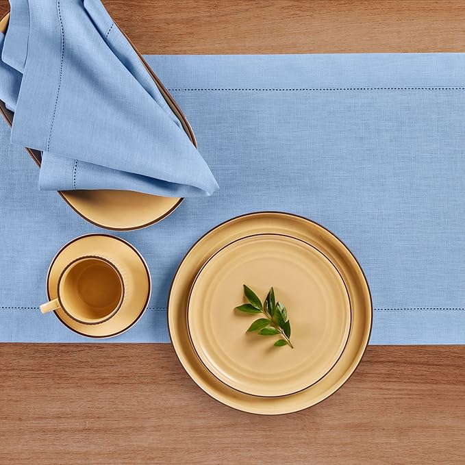 Solino Home Linen Cornflower Blue Hemstitch Table Runner 48 Inches - 100% Pure Linen Small Table Runner 14 x 48 Inch Ideal for Dresser and Coffee Tables - Classic Hemstitch