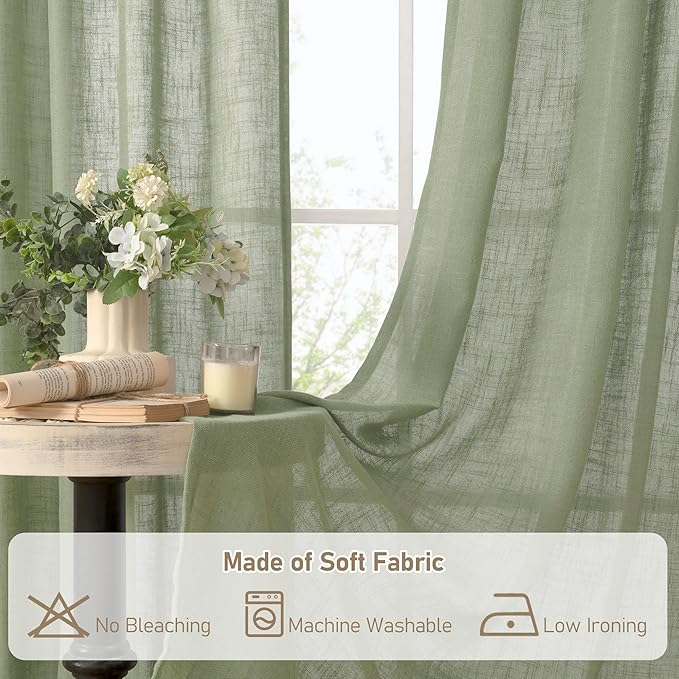 LAMIT Linen Curtians for Living Room 80 Inch Length, Bronze Grommet Light Filtering Semi Sheer Neutral Lightweight Rustic Farmhouse Boho Drapes for Bedroom, 2 Panels, Sage Green, 34 x 80 Inch