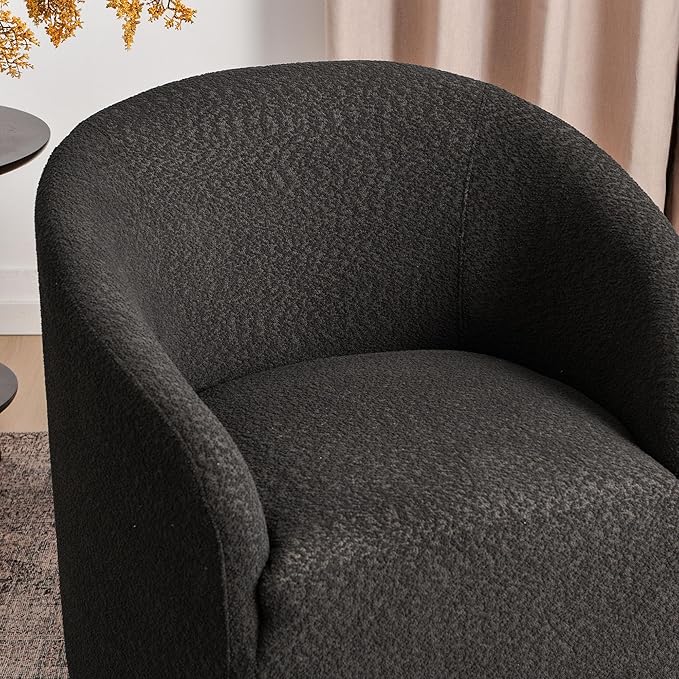 KINWELL 32" Wide Modern Boucle Swivel Barrel Chair, No Assembly Round Upholstered Swivel Accent Armchair for Living Room, Bedroom, Office (Black)