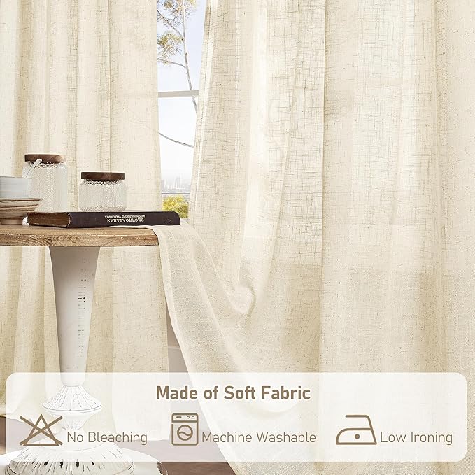 LAMIT Semi Sheer Linen Curtains for Living Room, 80 Inch Length, Light Filtering Panels Bronze Grommet Faux Linen Textured Window Drapes for Bedroom/Porch, Beige, 52 x 80 Inch, 2 Panels