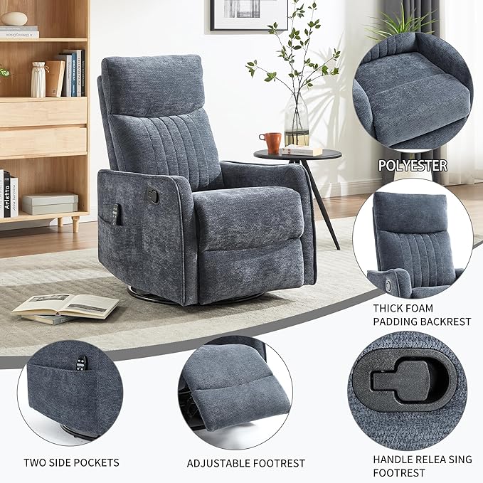 Manual Swivel Rocker Recliner Chair for Adults, Overstuffed Reclining Glider Chair for Nursing with Vibration Massage & Heat, Living Room Rocking Recliner 2-Stage backrest, Chenille Fabric Blue