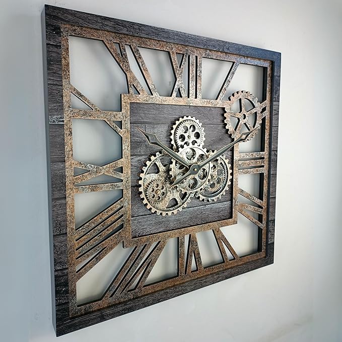 The Gears Clock 24'' Inch Square Real Moving Gear Wall Clock Vintage Industrial Oversized Rustic Farmhouse (Carbon Grey)