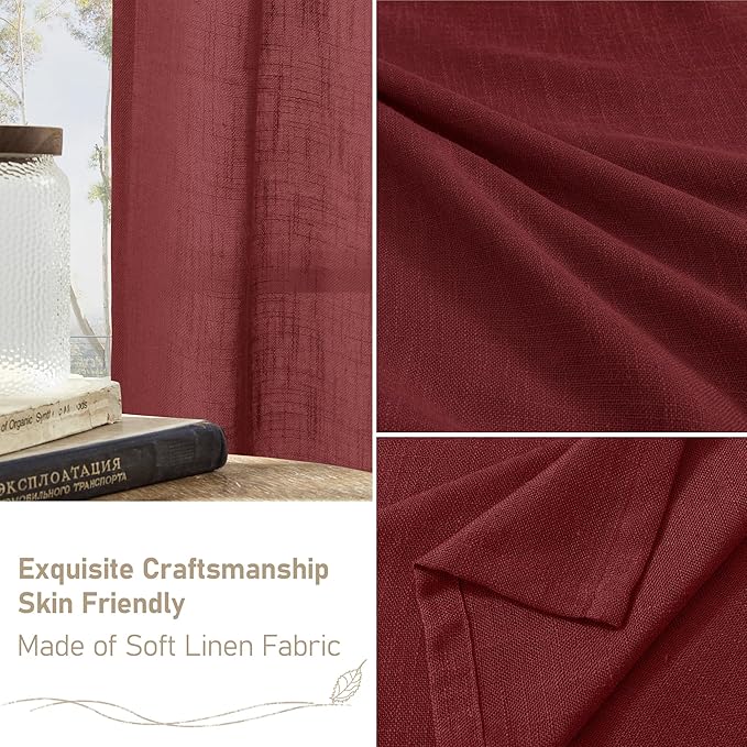 LAMIT Sheer Linen Curtains 63 Inch Length for Bedroom, Light Filtering Christmas Decor Panels Bronze Grommet Linen Textured Drapes for Living Room/Farmhouse, 2 Panels Set, 52 x 63 Inch, Burgundy Red