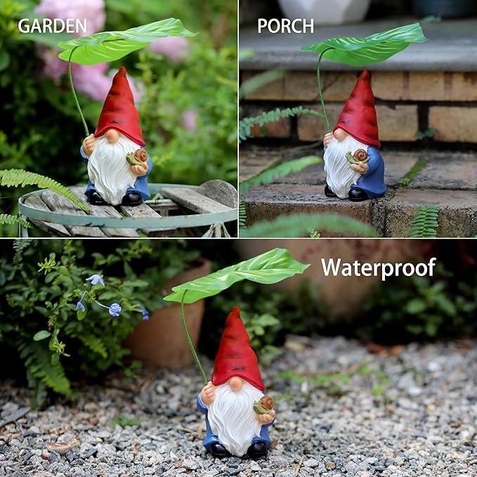 Garden Gnome Statue Decoration with Leaf Umbrella, 7.5” Figurine Ornament for Indoor Outdoor Home Patio Yard Lawn, for Gnome Lovers & Garden Enthusiasts,Mom,Women