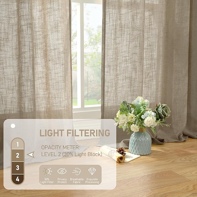 LAMIT Taupe Linen Curtains 95 Inch Length 2 Panels for Living Room/Bedroom, Semi Sheer Light Filtering Farmhouse Bronze Grommet Long Soft Thick Linen Textured Window Drapes, 52 x 95 Inch