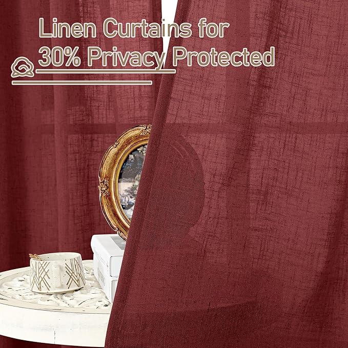LAMIT Sheer Linen Curtains 63 Inch Length for Bedroom, Light Filtering Christmas Decor Panels Bronze Grommet Linen Textured Drapes for Living Room/Farmhouse, 2 Panels Set, 52 x 63 Inch, Burgundy Red