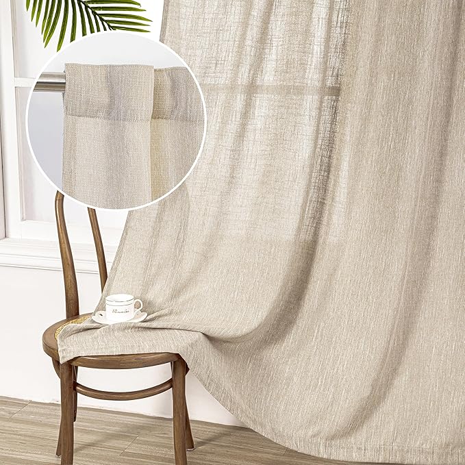 MYSKY HOME Boho Curtains Farmhouse Living Room Curtain Drapes, Light Filtering Semi Soft Cotton Blend Sheer Window Treatments for Sliding Glass Door Doorways, 50" x 90", Light Oatmeal, Set of 2