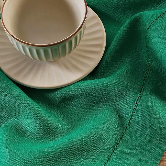Solino Home Linen Emerald Green Table Runner 72 Inches Long - 100% Pure Linen Hemstitch Table Runner 14 x 72 Inch for Dresser, Dining - Classic Hemstitch