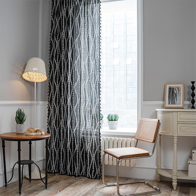 Sutuo Home Boho Curtains 63 Inches Length for Kitchen Doorway Cafe Dining Room, Stripe Floral Vintage Tassels Window Treatment Drape for Halloween Decorations Rod Pocket, 1 Panel 59" W x 63" L,Black