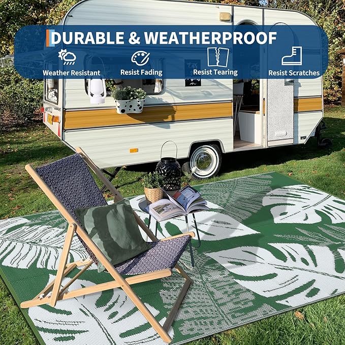 GAOMON Waterproof Plastic Straw Rug 9x12 Outdoor Patio Rug, Reversible Modern Camping Mat with Bag & Stakes, UV Resistant & Easy to Clean Outdoor Carpet for RV, Deck, Balcony, Green