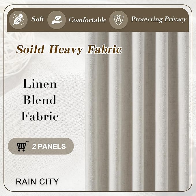 RAIN CITY Full Blackout Curtains 98 Inch Long 2 Panels Set Neutral Boho Farmhouse Linen Window Drapes for Bedroom Living Room Thermal Insulated Natural Birch Ivory Pleated/Back Tab with Hooks