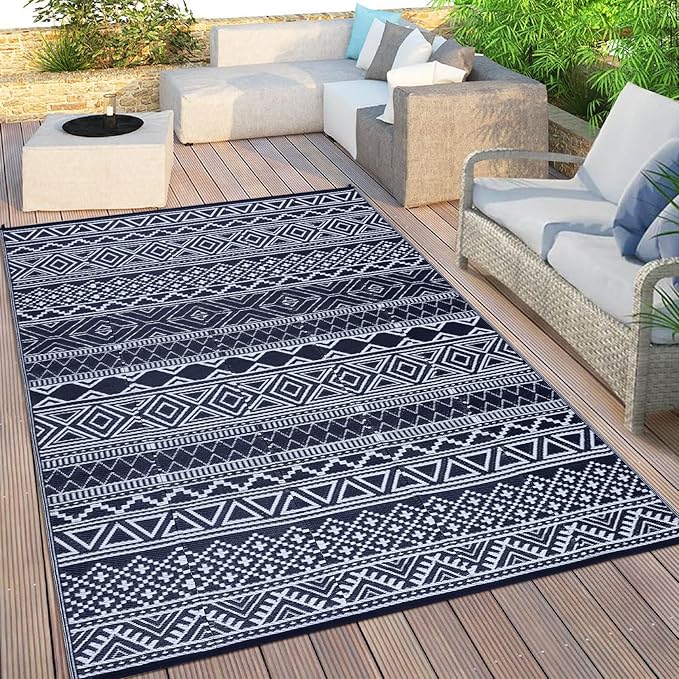 GAOMON Reversible Outdoor Rug 9'x18' Waterproof Plastic Straw Rug, Patio Rug, Large Modern Area Rug Carpet, Indoor Outdoor Rugs for Camping, Porch, Deck, Balcony, Backyard, Dark Blue/White(Bohemia)