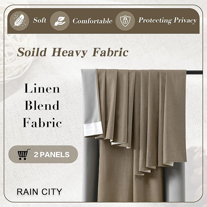 Linen Brown Room Darkening Curtains for Living Room,Pinch Pleated Back Tab Drapes with Hooks,Linen Burlap Thermal Insulated Noise Reducing Window Curtain Panels for Bedroom,W50 x L90, 2 Panels
