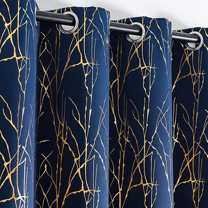 Grommets Blackout Long Window Curtains Navy Blue Gold-52W*108L 2PCS Drapes for Bedroom