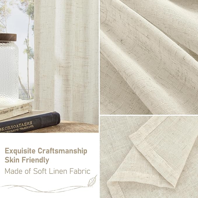 LAMIT Natural Cream Ivory Long Linen Curtains for Living Room, 108 inches Long Bronze Grommet Light Filtering Window Textured Neutral Sheer Drapes for Bedroom Farmhouse, 2 Panels, 52 x 108 Inch