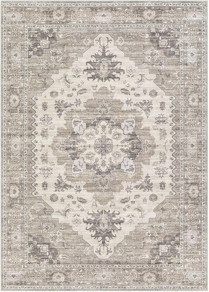 Washable Area Rugs for Living Room - 5x7 Neutral Vintage Distressed Floral Farmhouse Boho Large Soft Floor Rug Indoor Non Slip Carpet for Living Room Bedroom Dining Room Office -Brown/Beige