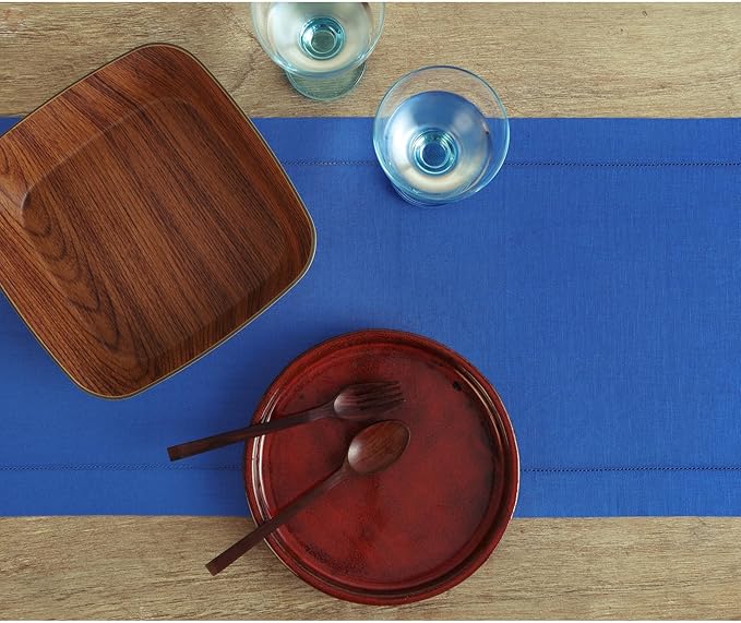 Solino Home Linen Royal Blue Table Runner 156 Inches Long - 100% Pure Linen Extra Long Table Runner 14 x 156 Inch - Classic Hemstitch
