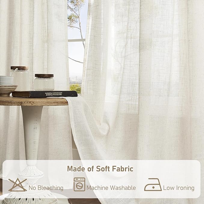 LAMIT Natural Linen Semi Sheer Curtains 45 Inch Length, Light Filtering Short Linen Neutral Decorative Window Drapes with Bronze Grommet for Bedroom/Kitchen, Cream Ivory, 2 Panels Set, 52 X 45 Inch