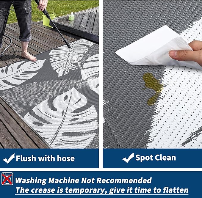 GAOMON Waterproof Outdoor Rug 8x10 Reversible Outdoor Plastic Straw Rug Modern Patio Carpet, Foldable Lightweight RV Camping Mat with Portable Bag & 4 Stakes, UV Resistant & Sturdy for Picnic, Grey