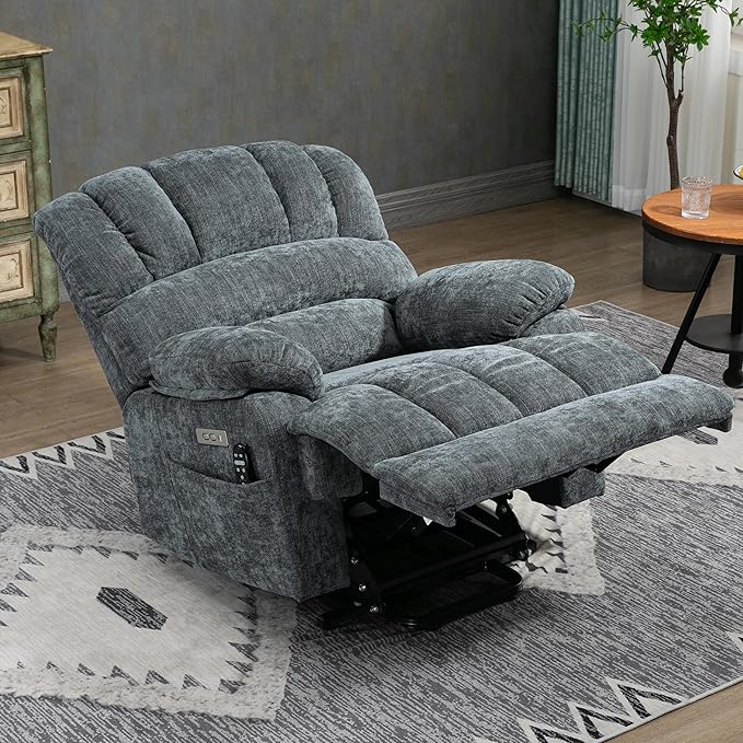 Power Lift Chair with Vibration Massage and Lumbar Heat for Elderly, Electric Recliner Chair Max 155° with Charging Ports, Blue Gray