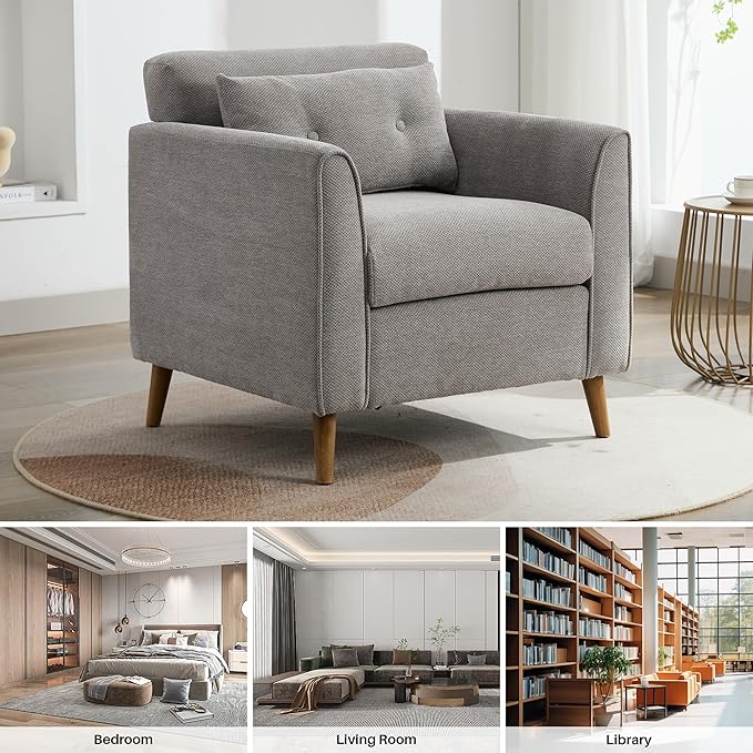 Mid Century Modern Accent Chairs, Chenille Grey Upholstered Armchair,Living Room Chairs with Wooden Legs, Side Single Sofa Chair for Bedroom, Office Cafe Waiting Room Apartment