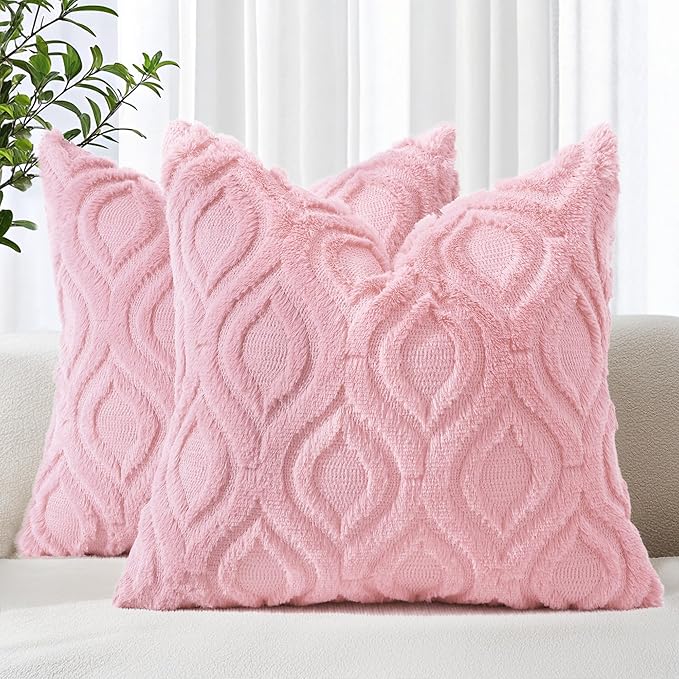 decorUhome Throw Pillow Covers 26x26 Inch Set of 2, Soft Plush Decorative Faux Fur Light Pink Solid Couch Pillow Covers, Accent Farmhouse Neutral Square Euro Pillow Cases for Sofa Bed Living Room
