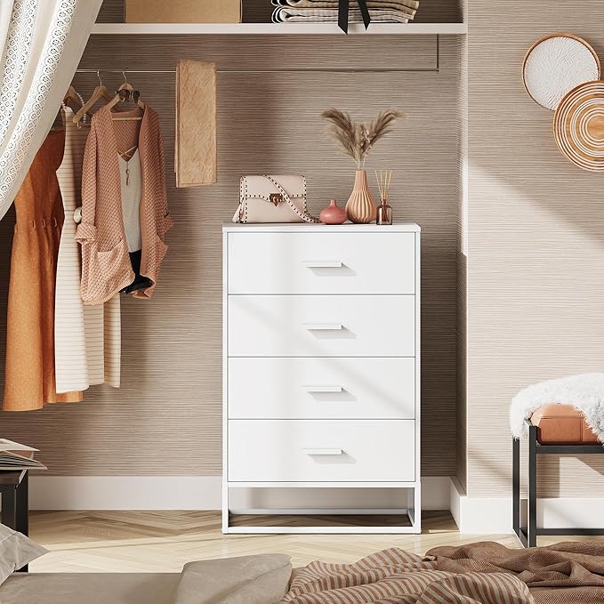 WLIVE White Wood Dresser for Bedroom with 4 Drawers, Tall Chest of Drawers with Sturdy Metal Frame for Living Room, Hallway, Closet