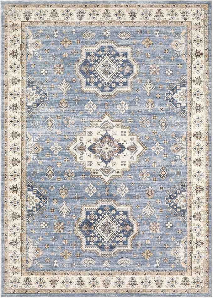 Washable Area Rugs for Living Room - 7x9 Neutral Vintage Distressed Floral Farmhouse Boho Large Soft Floor Rug Indoor Non Slip Carpet for Living Room Bedroom Dining Room Office - Blue