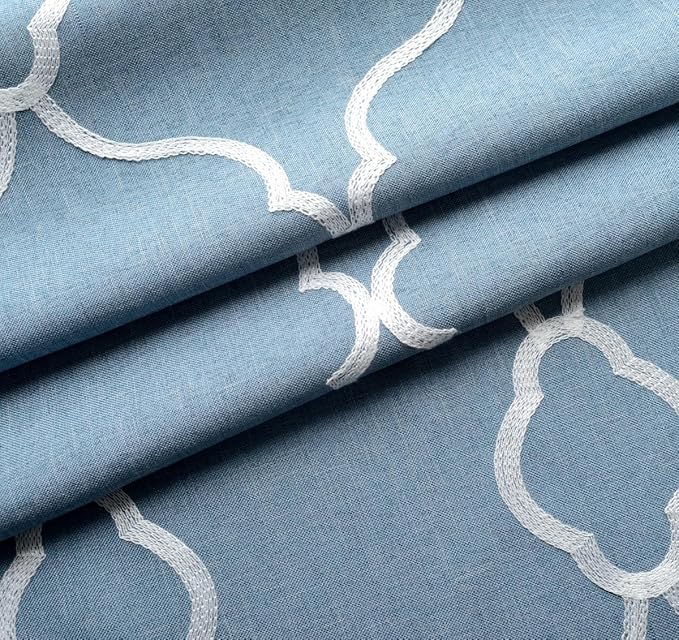 MIUCO Moroccan Embroidery Semi Sheer Curtains Faux Linen Grommet Curtains for Bedroom 52 x 63 Inch 2 Panels, Dusty Blue