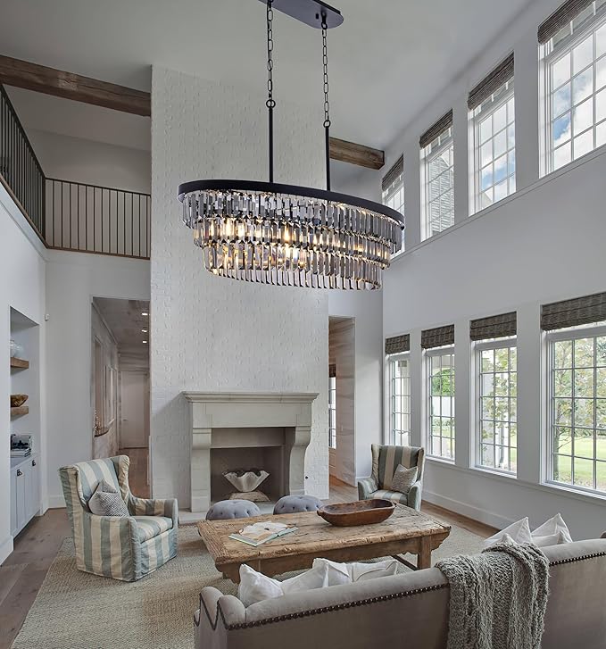 TOCHIC Chandelier for Dining Room 40 inch, Modern Crystal Chandelier for Living Room, Black Kitchen Chandelier Island Lighting, Oval Contemporary Ceiling Light Fixture for Bedroom, Smoke Grey