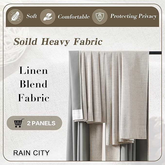 RAIN CITY Linen Beige Blackout Curtains 84 Inch Long 2 Panels,Linen Blend Aesthetic Heat and Cold Blocking Thermal Drop Cloth Traverse Curtains for Living Room Bedroom Polyester Soft Fabric 50 Wide
