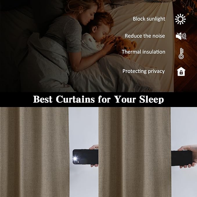 Linen Brown Room Darkening Curtains for Living Room,Pinch Pleated Back Tab Drapes with Hooks,Linen Burlap Thermal Insulated Noise Reducing Window Curtain Panels for Bedroom,W50 x L90, 2 Panels