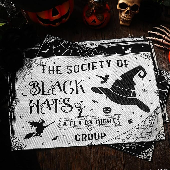Umigy 6 Pcs Halloween Placemats 12"x18" Gothic Bat Placemats Kitchen Decoration Washable Witch Place Mats Rectangle Skull Table Mats for Halloween Dining Table Accessories(Black White Character Style)