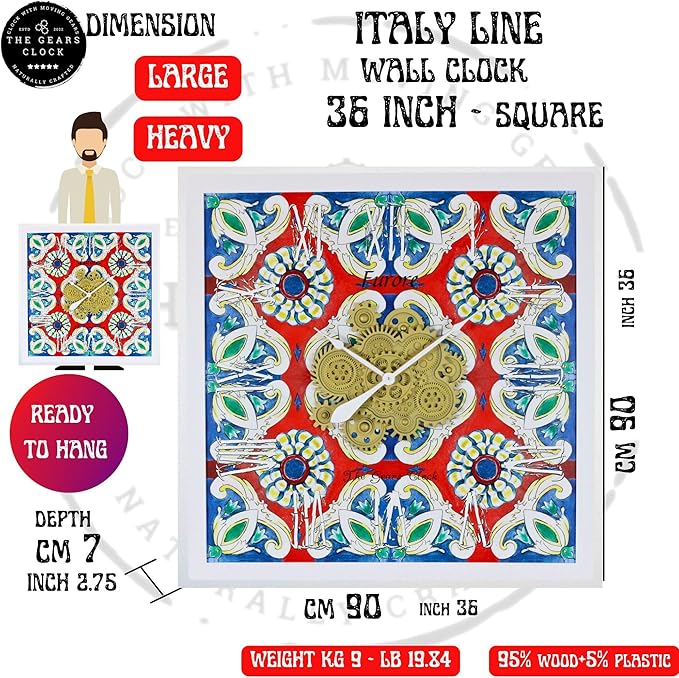 The Gears Clock Wall Clock Italy Collection with Moving Gears (Amalfi, 36 inch Square)