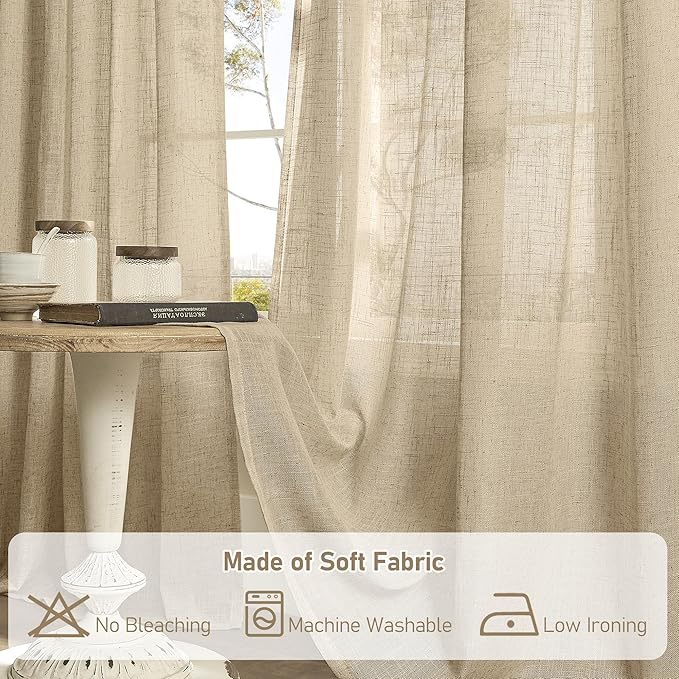 LAMIT 102 Inch Length Light Filtering Sheer Linen Curtains, Linen Textured Semi Sheer Bronze Grommet Natural Boho Drapes for Living Room/Farmhouse, 2 Panels, Brown, 52 x 102 Inch