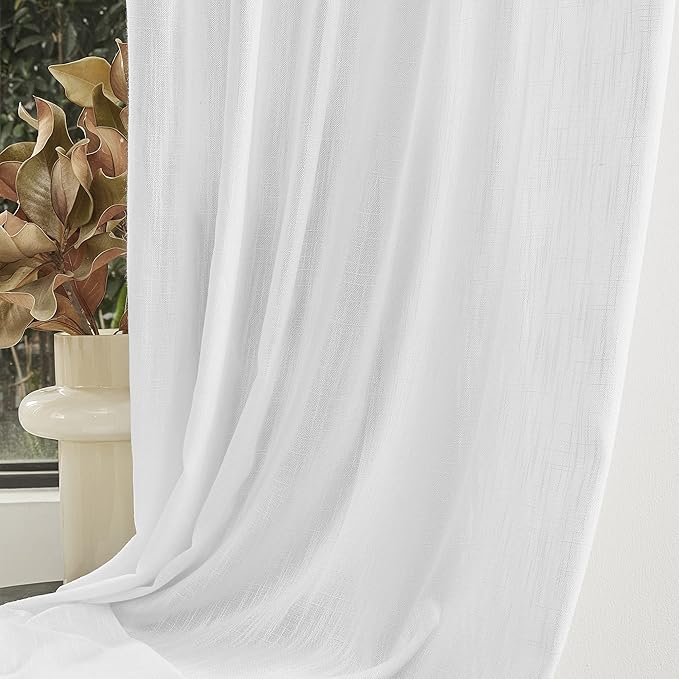 MYSKY HOME Floor to Ceiling Curtains 108 Inches White Sheer Window Drapes 2 Panel Sets Back Tab Draperies Linen Look Boho Fabric, Soft Cotton Blend Light Filtering for Living Room