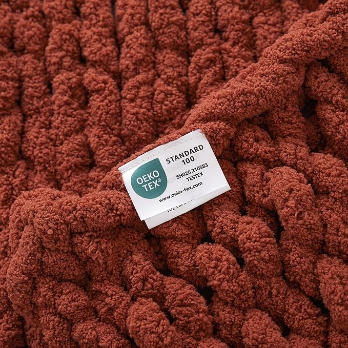 WESHIONGOO Chunky Knit Blanket Throw 40"*40“ Knitted Throw Blankets for Couch Bed Fluffy Soft Blanket with Jumbo Chenille Yarn Thick 100% Handmade(Rust)