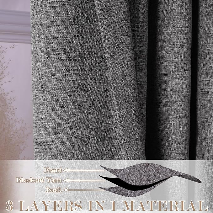 100" W x 84" L Faux Linen Room Divider Curtains, Full Blackout Pinch Pleated Drapes for Traverse Rod, Bedroom Divider Privacy Drapery with Hooks for Ceiling Track, 1 Panel, Natural Grey