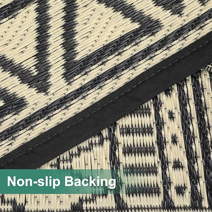 GAOMON Reversible Outdoor Rug 9'x18' Waterproof Plastic Straw Rug, Patio Rug, Large Modern Area Rug Carpet, Indoor Outdoor Rugs for Camping, Porch, Deck, Balcony, Backyard, Black/Coffee(Bohemia)