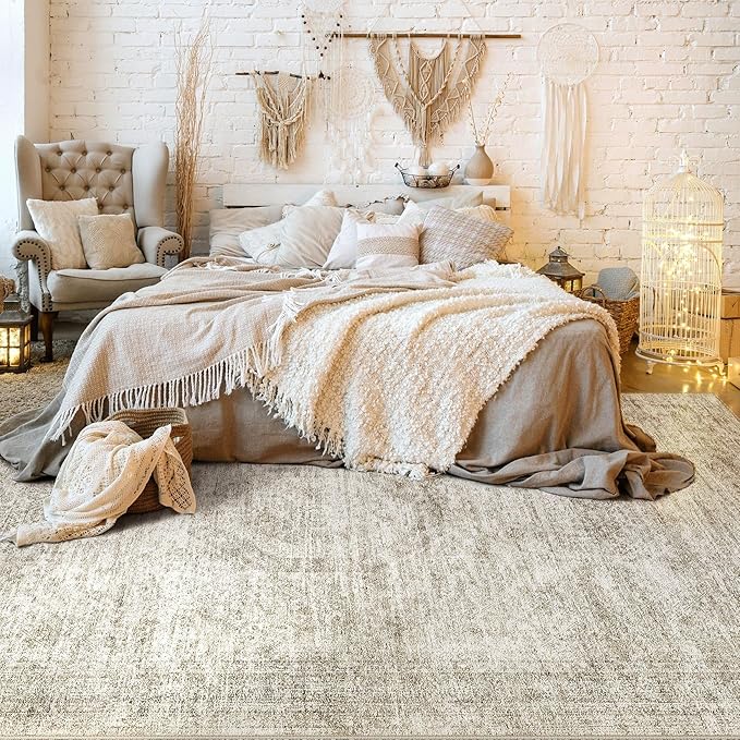 Washable Area Rugs for Living Room -7x9 Neutral Vintage Distressed Floral Farmhouse Boho Large Soft Floor Rug Indoor Non Slip Carpet for Living Room Bedroom Dining Room Office-Beige