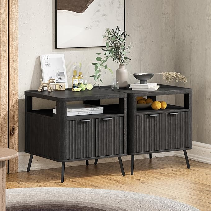 Nightstand with Charging Station, 24" End Table Side Table with Open Shelf, Modern Large Wood Fluted Bedside Cabinet for Bedroom, Living Room, Black