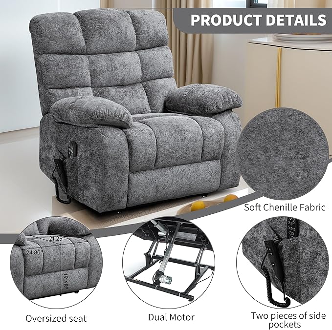 Power Lift Recliner Chair for Elderly People, Lay Flat Recliner with Vibration Massage and Lumbar Heating, Lift Chair with Infinite Position and 2 Remote Controls, Chenille Fabric Gray