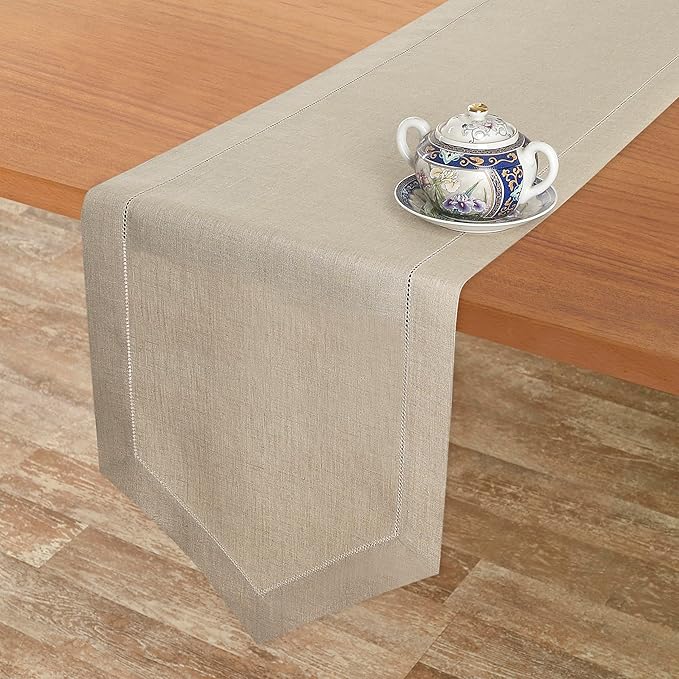 D'Moksha Homes Natural Linen Table Runner 108 Inches Long - 100% Pure Linen Diamond Table Runner 14 x 108 Inch for Dining, Fall and Halloween - Machine Washable