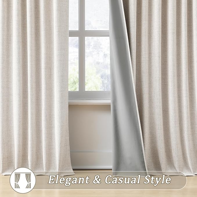 RAIN CITY Linen Beige Blackout Curtains 84 Inch Long 2 Panels,Linen Blend Aesthetic Heat and Cold Blocking Thermal Drop Cloth Traverse Curtains for Living Room Bedroom Polyester Soft Fabric 50 Wide