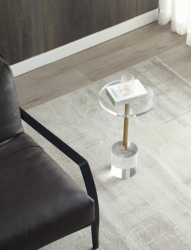 Clear Acrylic End Table,Side Table,Brushed Brass Metal,Round,for Office, Living Room and Bedroom,Easy Assembly,12x12 inch,21.3 inch high