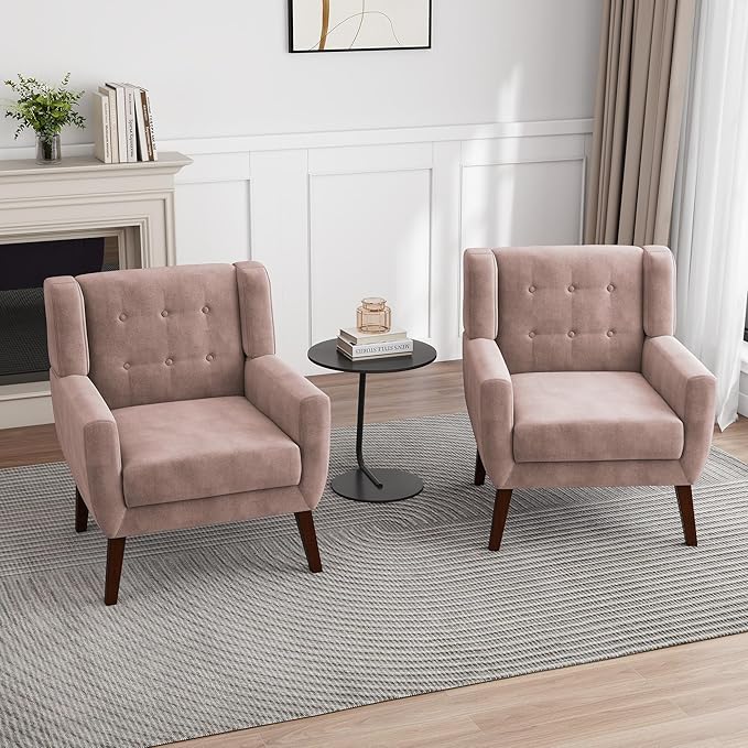 UIXE Accent Chair, Velvet Upholstered Armchair for Living Room, Modern Club Arm Chairs Comfy Single Sofa Button Tufted Bedroom Reading Seat - Skin Pink, Set of 1