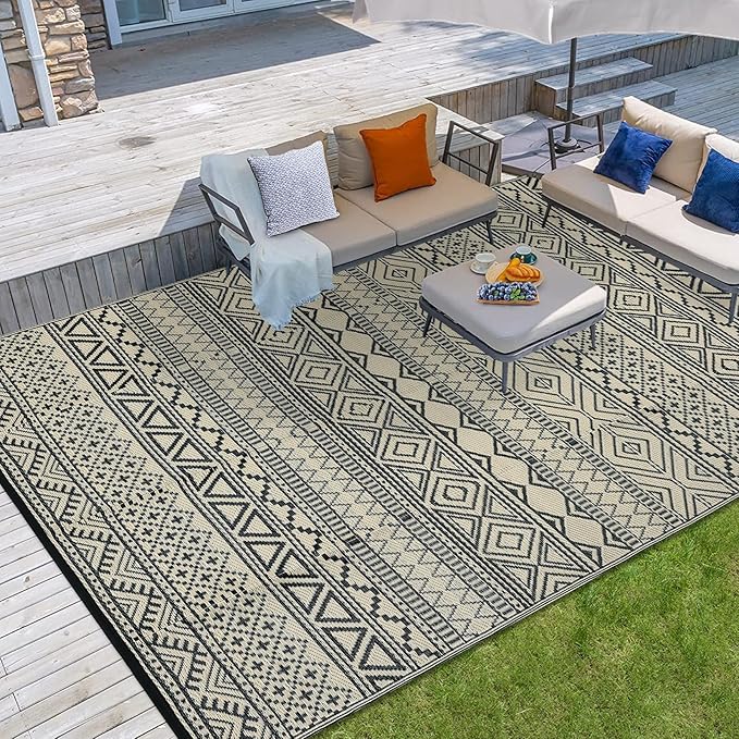 GAOMON Reversible Outdoor Rug 9'x18' Waterproof Plastic Straw Rug, Patio Rug, Large Modern Area Rug Carpet, Indoor Outdoor Rugs for Camping, Porch, Deck, Balcony, Backyard, Black/Coffee(Bohemia)