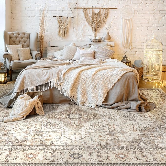 Washable Area Rugs for Living Room -10x12 Neutral Vintage Distressed Floral Farmhouse Boho Large Soft Floor Rug Indoor Non Slip Carpet for Living Room Bedroom Dining Room Office-Brown/Multi
